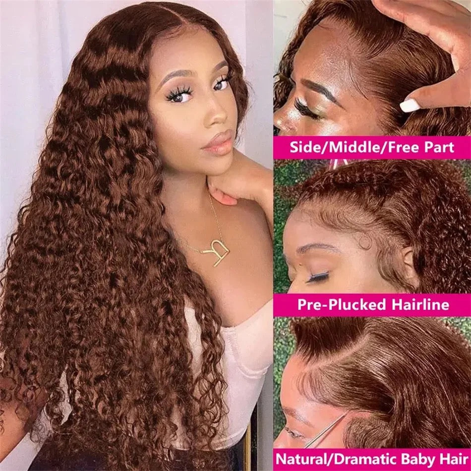 Kinky Curly Wig Human Hair Glueless Wigs Chocolate Brown Deep Wave Lace Frontal Wig 13x6 HD Lace Front Human Hair Wig