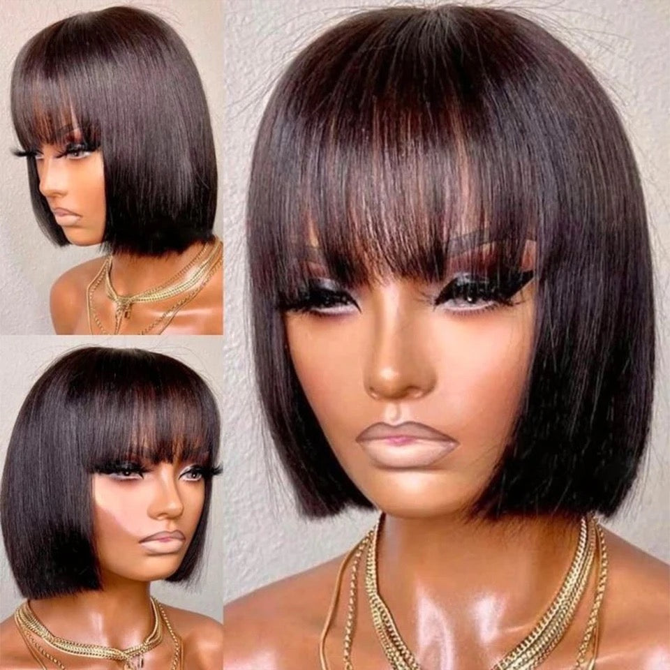 Short Human Hair Wigs fringe Cut Straight