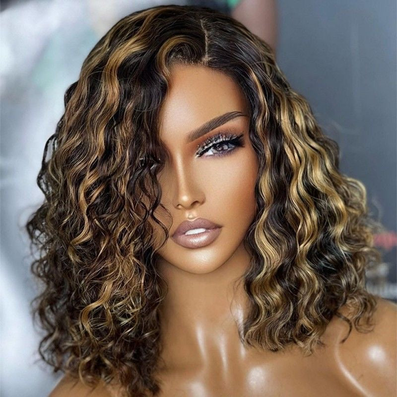 12A Highlight Water wave curly Bob With 13*4 frontal lace