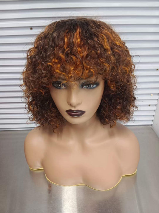 12A Brazilian Piano 4/27 Color Curly Bob Fringe Bangs Wig