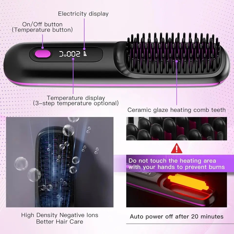 Cordless Hair Straightener Brush with 3 Setting LED Temperature Display Electric Negative Ions Ceramic Hot Comb 360°Anti-Scald