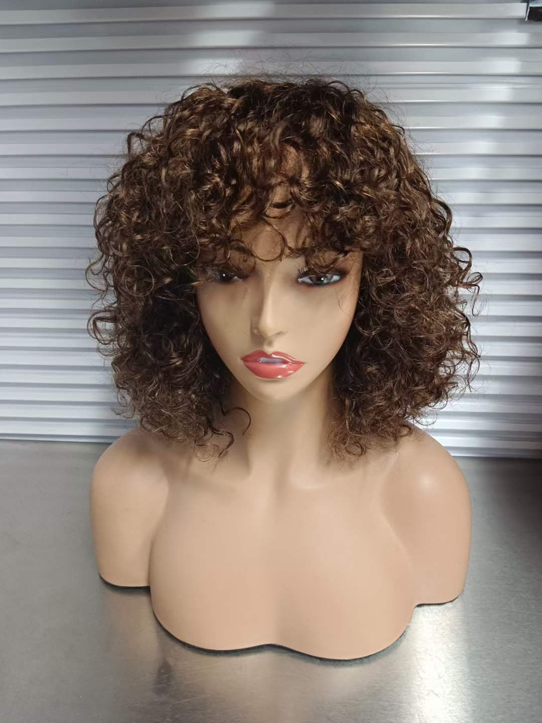 12A Brazilian Piano 4/27 Color Curly Bob Fringe Bangs Wig