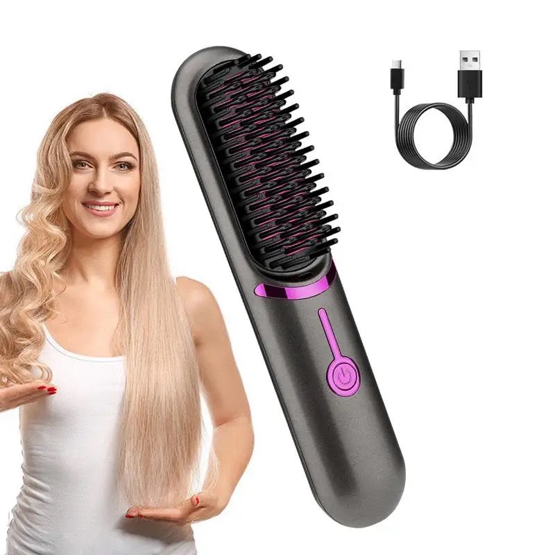 Cordless Hair Straightener Brush with 3 Setting LED Temperature Display Electric Negative Ions Ceramic Hot Comb 360°Anti-Scald