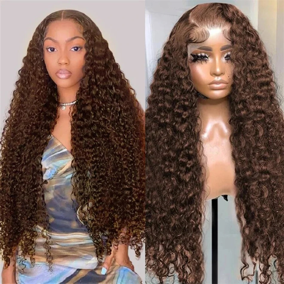 Kinky Curly Wig Human Hair Glueless Wigs Chocolate Brown Deep Wave Lace Frontal Wig 13x6 HD Lace Front Human Hair Wig
