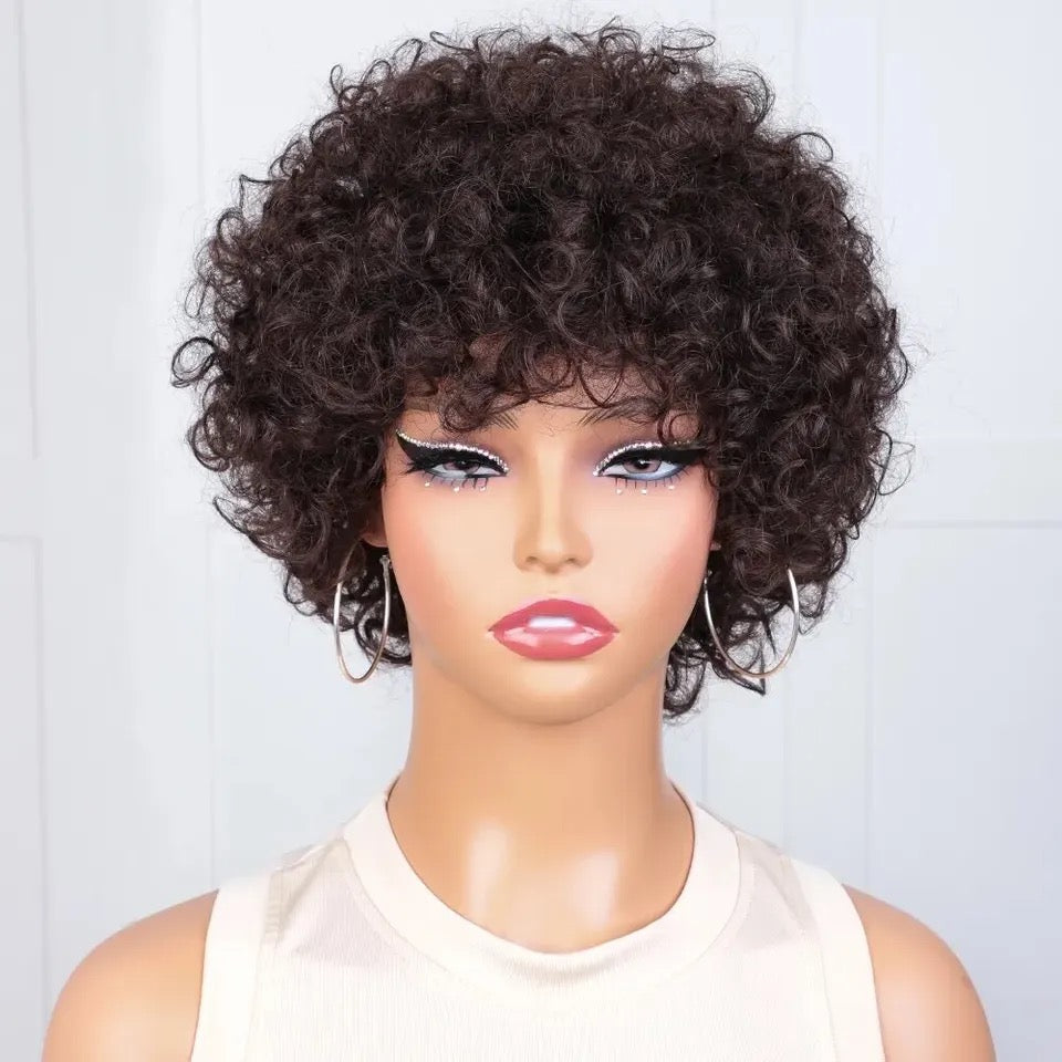 Pixie Short Afro Curly Bob Human Hair Wigs With Bangs For Women Brazilian Remy Hair Wear and Go Natural 1B color