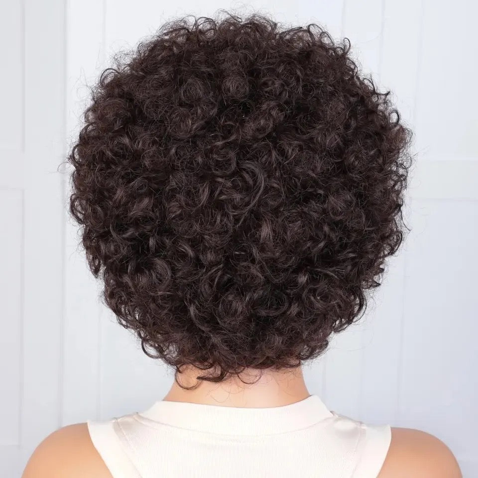 Pixie Short Afro Curly Bob Human Hair Wigs With Bangs For Women Brazilian Remy Hair Wear and Go Natural 1B color