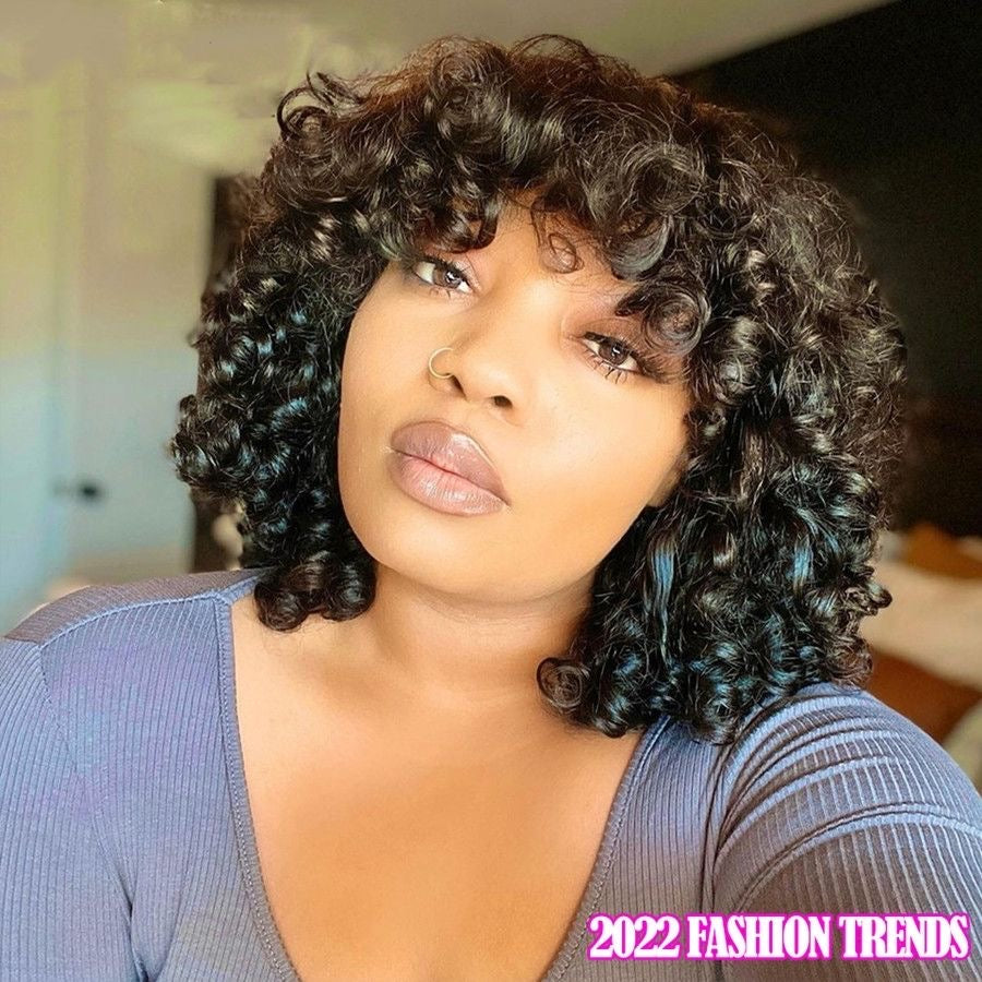 Loose Wave Curly Bob Wigs With Bangs Brazilian Virgin Hair