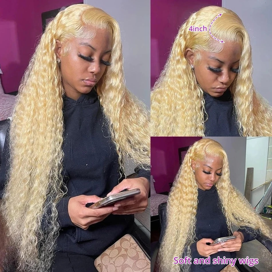 13x4 lace front wig blonde color water wave ,100% human hair.