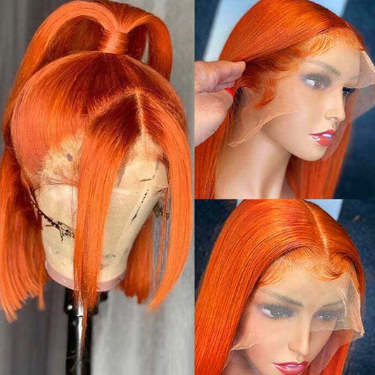 12A Human Hair 350# Orange Bob 13*4 Frontal Wig 200%density