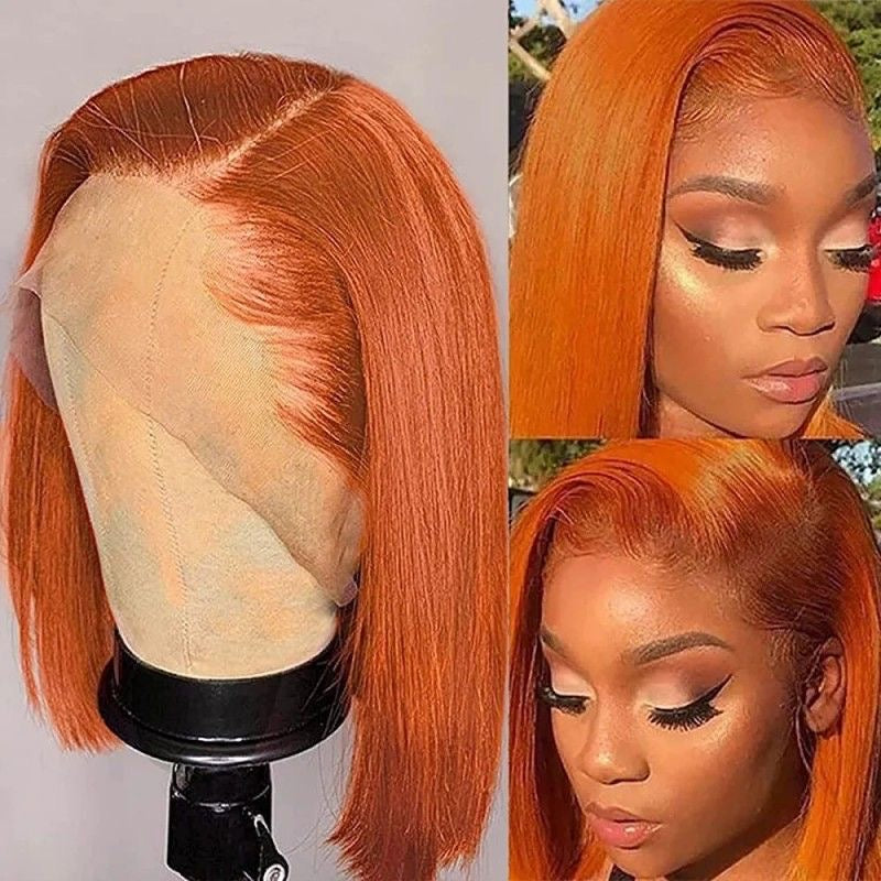 12A Human Hair 350# Orange Bob 13*4 Frontal Wig 200%density